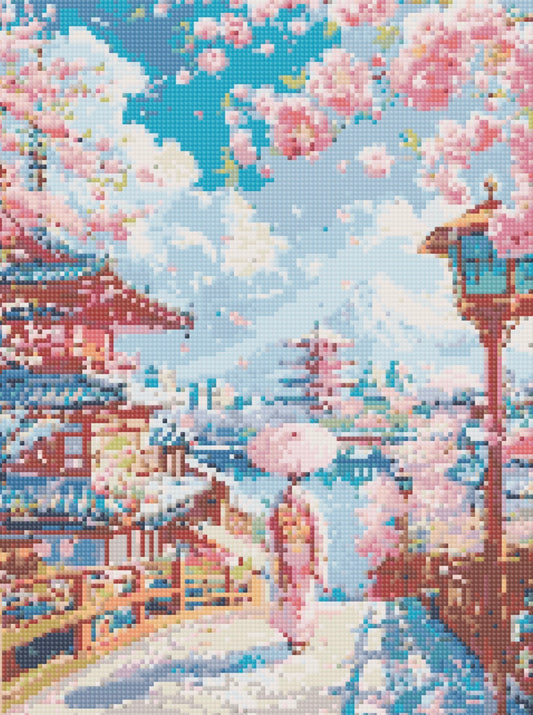 Toile Diamant Painting – Paysage Japonais Femme Sakura, 30x40cm, Fairy Dust & Aurores Boréales