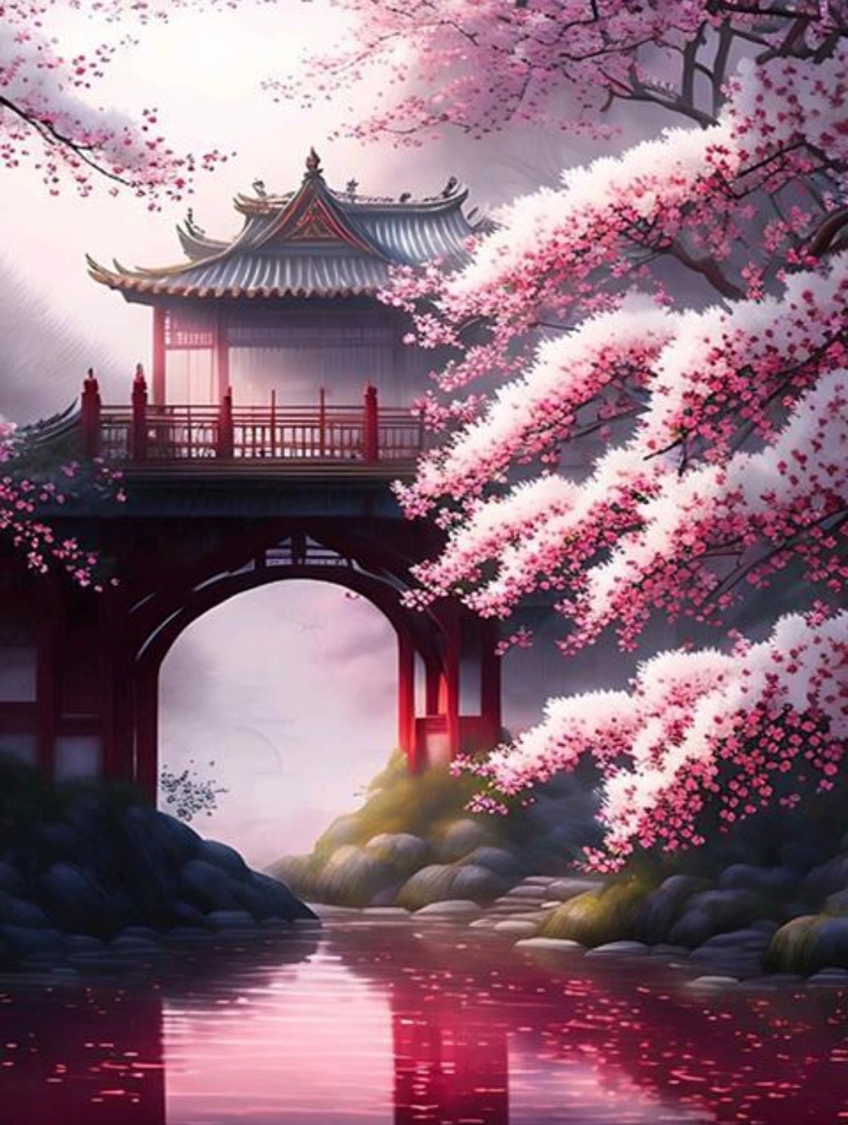 Toile Diamant Painting – Pont Japonais Sakura, 30x40cm, Fairy Dust & Aurores Boréales