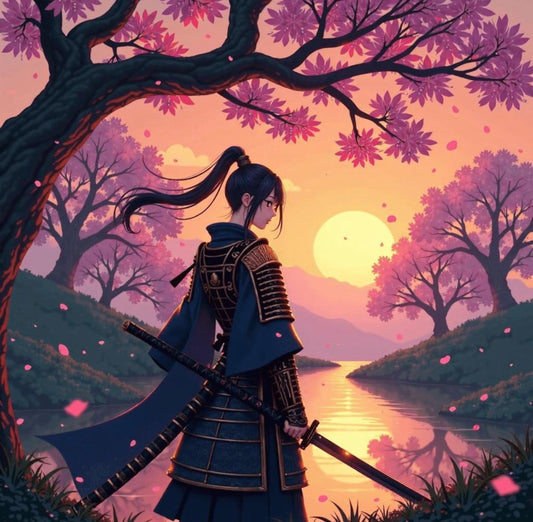 Toile Diamant Painting – Fille Samouraï Sakura, 30x40cm, Aurores Boréales
