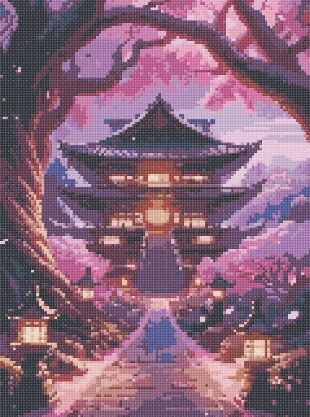 Toile Diamant Painting – Chemin vers le Temple Japonais Sakura, 30x40cm, Fairy Dust