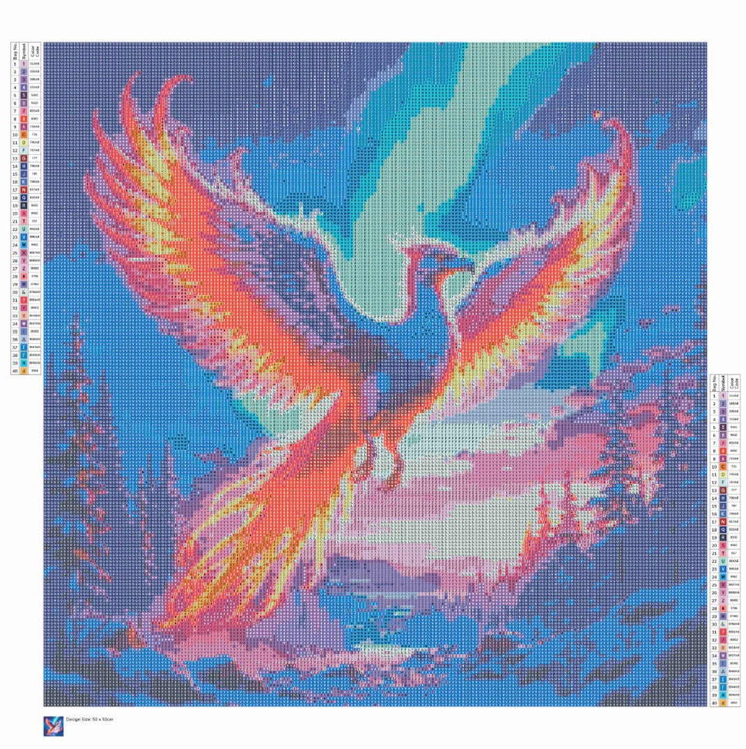 Toile Diamant Painting – Phénix de Feu, 50x50cm, Fairy Dust & Aurores Boréales