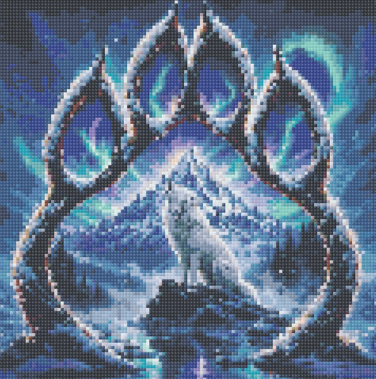 Loup dans une patte de loup 🐺 30x30 cm perles carrées 40 couleurs fairy dust &aurores boréales