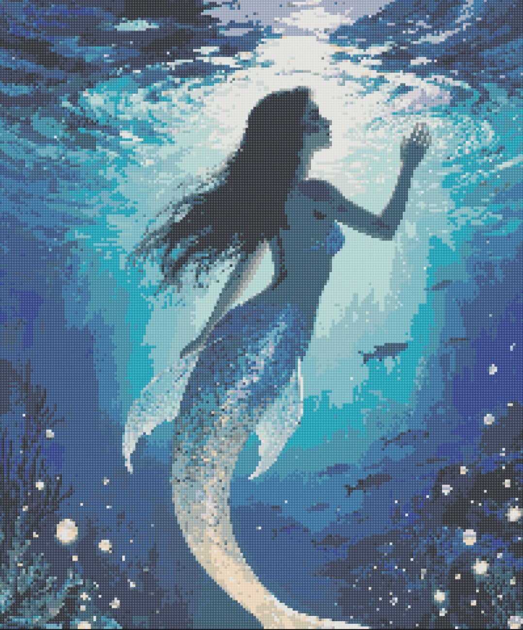 Sirène dans l’eau de mer🧜‍♀️ 50x60 cm perles carrées aurores boréal & fairy dust (voir photo et description)