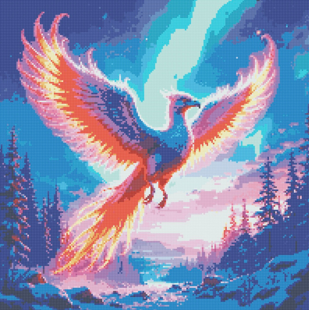 Toile Diamant Painting – Phénix de Feu, 50x50cm, Fairy Dust & Aurores Boréales