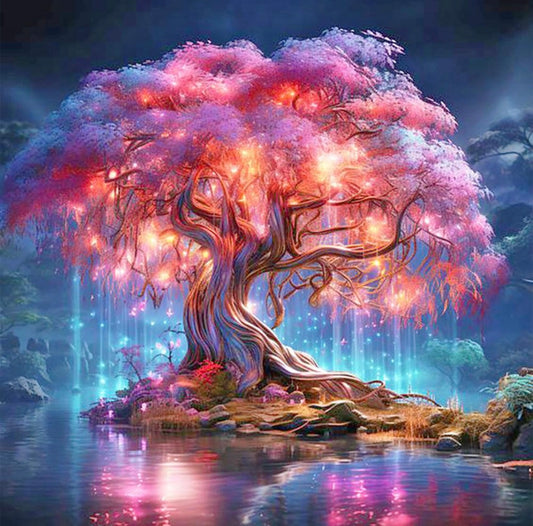 Toile Diamant Painting – Arbre Féerique Japonais Sakura, 40x40cm, Aurores Boréales