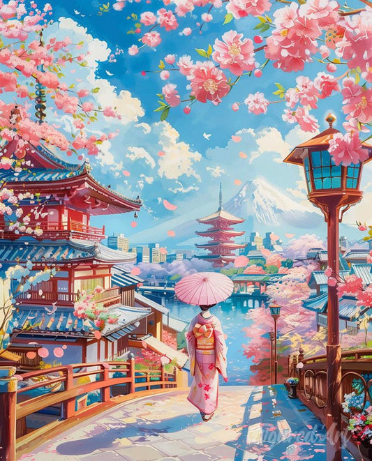 Toile Diamant Painting – Paysage Japonais Femme Sakura, 30x40cm, Fairy Dust & Aurores Boréales