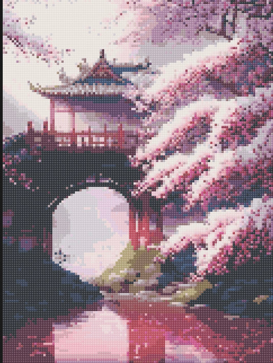 Toile Diamant Painting – Pont Japonais Sakura, 30x40cm, Fairy Dust & Aurores Boréales