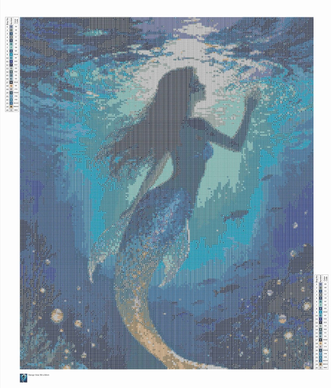 Sirène dans l’eau de mer🧜‍♀️ 50x60 cm perles carrées aurores boréal & fairy dust (voir photo et description)