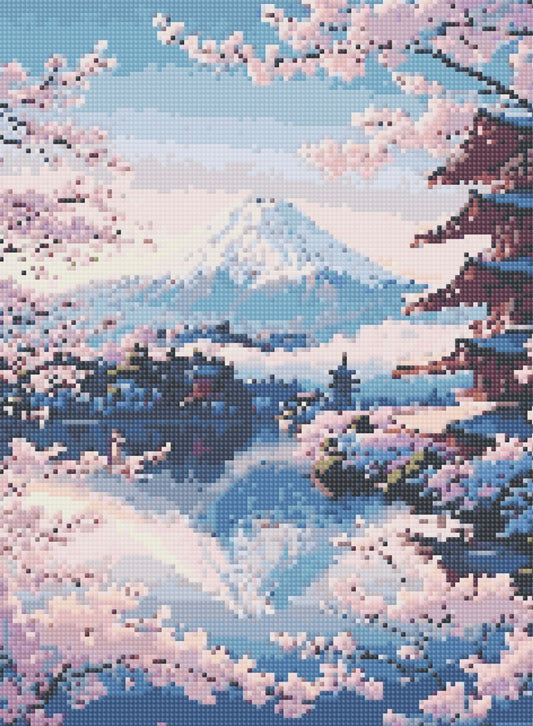 Toile Diamant Painting – Paysage Mont Fuji Sakura, 30x40cm, Fairy Dust & Aurores Boréales