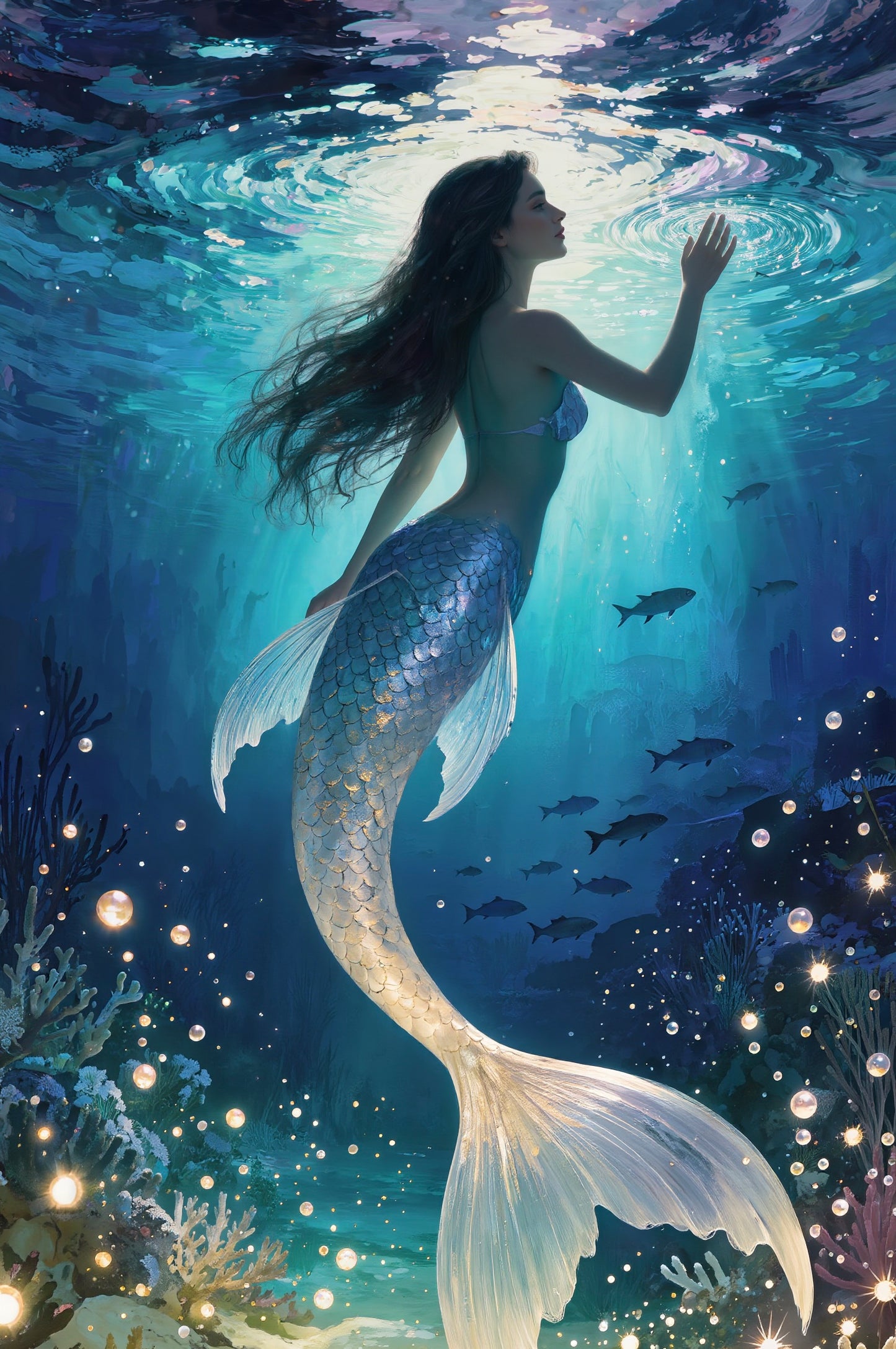 Sirène dans l’eau de mer🧜‍♀️ 50x60 cm perles carrées aurores boréal & fairy dust (voir photo et description)