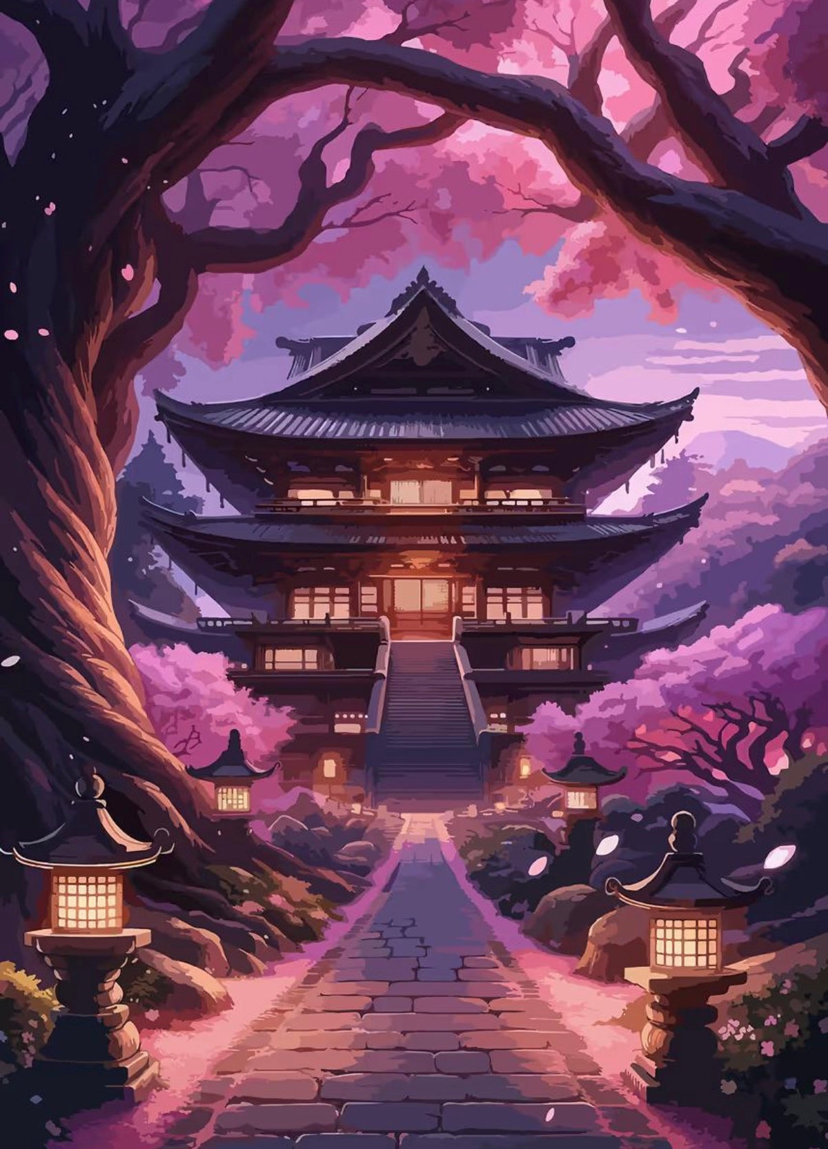 Toile Diamant Painting – Chemin vers le Temple Japonais Sakura, 30x40cm, Fairy Dust