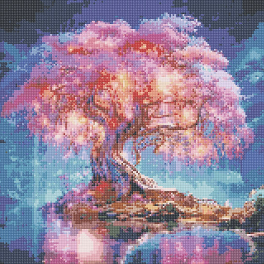 Toile Diamant Painting – Arbre Féerique Japonais Sakura, 40x40cm, Aurores Boréales