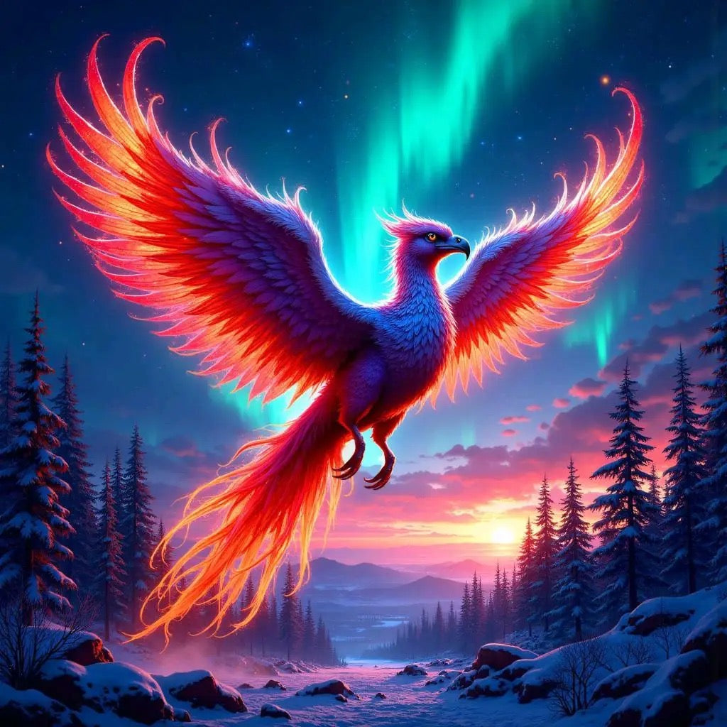 Toile Diamant Painting – Phénix de Feu, 50x50cm, Fairy Dust & Aurores Boréales