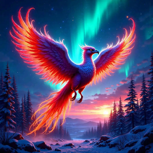 Toile Diamant Painting – Phénix de Feu, 50x50cm, Fairy Dust & Aurores Boréales