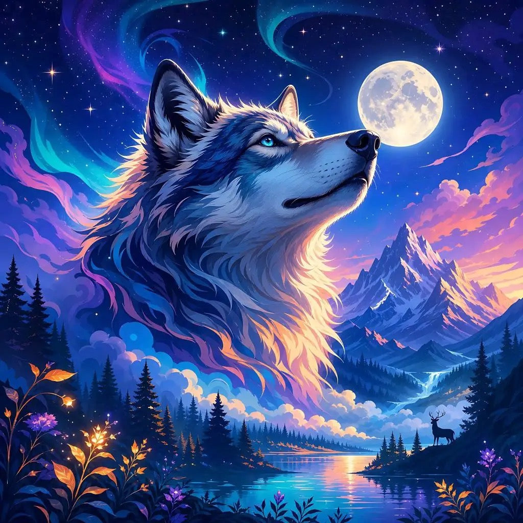 Toile Diamant Painting – Tête de Loup de Nuit, 20x25cm, 30 Couleurs